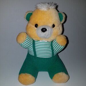 VTG Yellow Teddy Bear Plush Green Outfit Ace Novelty 1991 (shows wear)